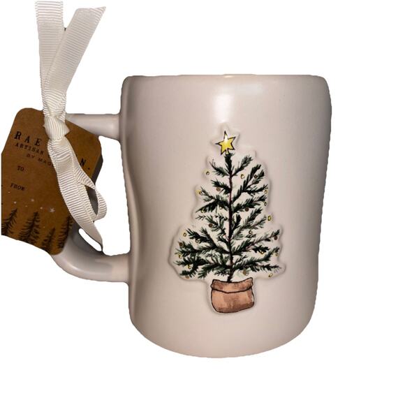 Rae Dunn Oh Christmas Tree Coffee Mug Double Sided With Christmas Tree Burlap - Picture 1 of 3